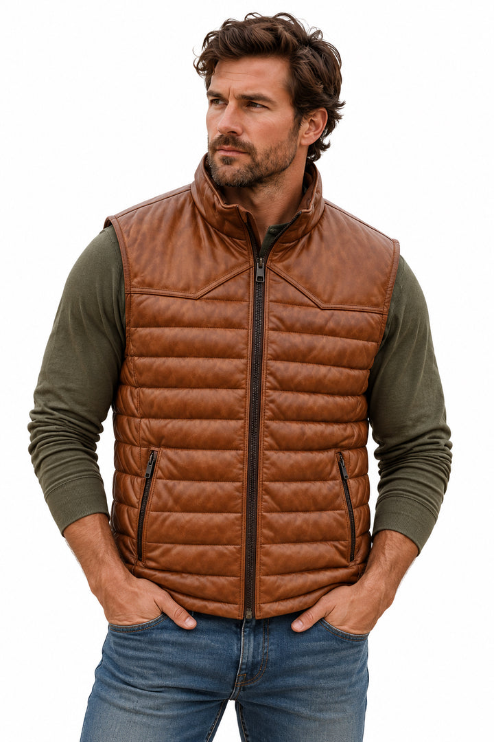 Modern Zip Front Leather Vest by Scully in Cognac Soft Lamb