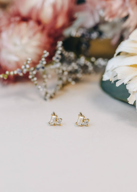Double Stud Stack - White CZ - Gold Earrings - Zen&Zip