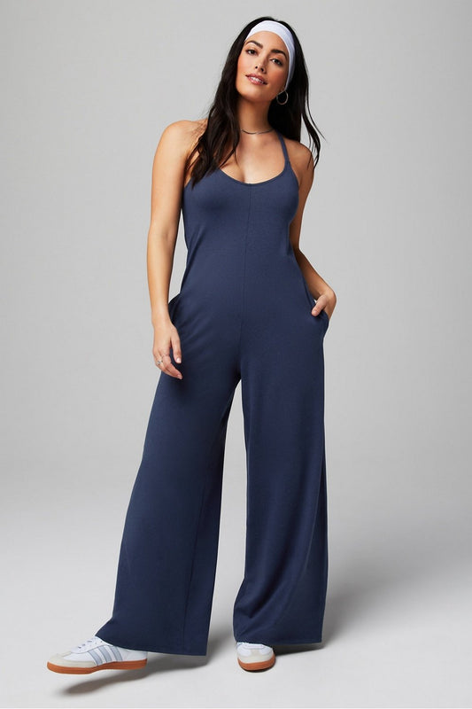 Cloud Jersey Wide Leg Onesie by Fabletics | Deep Navy Heather