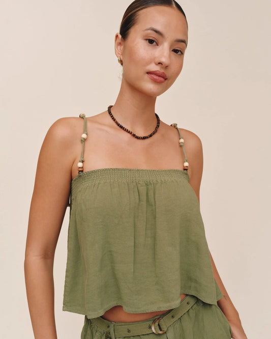 Smocked Beaded Strap Tank by Bella Dahl | Olive Leaf