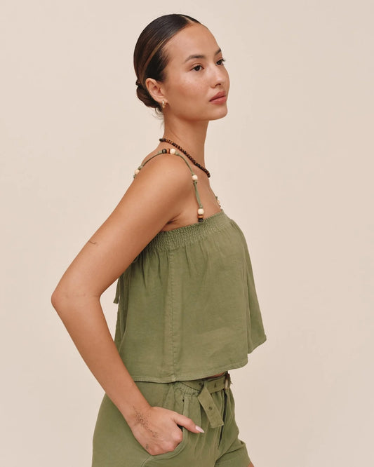 Smocked Beaded Strap Tank by Bella Dahl | Olive Leaf
