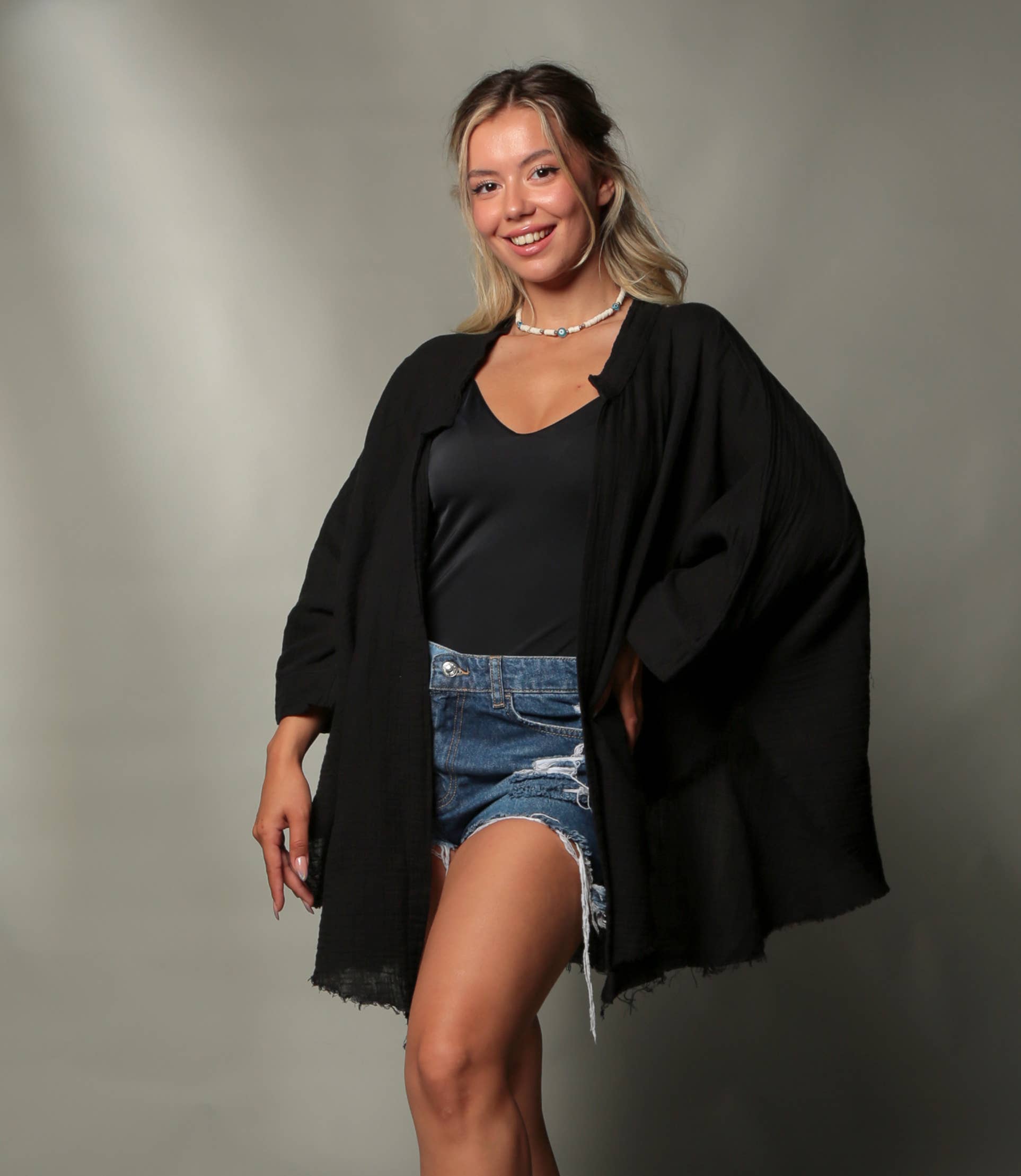 Muslin Kimono Robe with Golden Moon Phases by Moa | Black - Zen&Zip