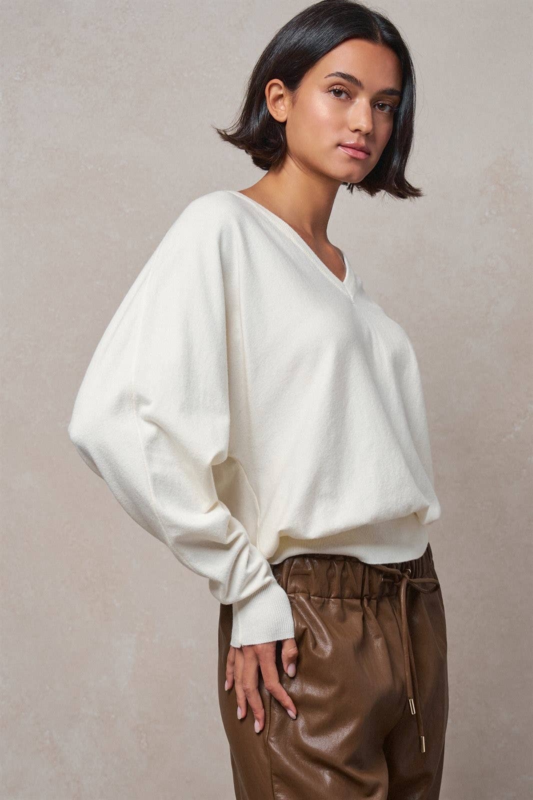 V-Neck Drop Shoulder Sweater by Fashion Week| Ivory