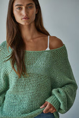 Crochet Round Neck Long Sleeve Sweater by By Together | Jade Green - Zen&Zip
