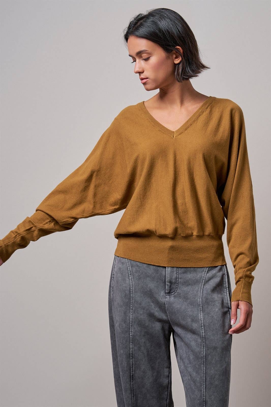 V-Neck Drop Shoulder Sweater by Fashion Week | Caramel