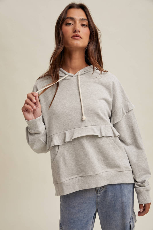French Terry Ruffle Detail Hooded Sweatshirt by Wishlist Apparel | H.Grey - Zen&Zip