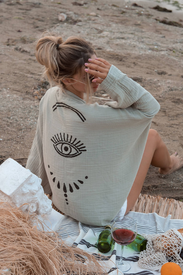 Evil Eye Muslin Kimono Robe / Poncho by Moa | Green