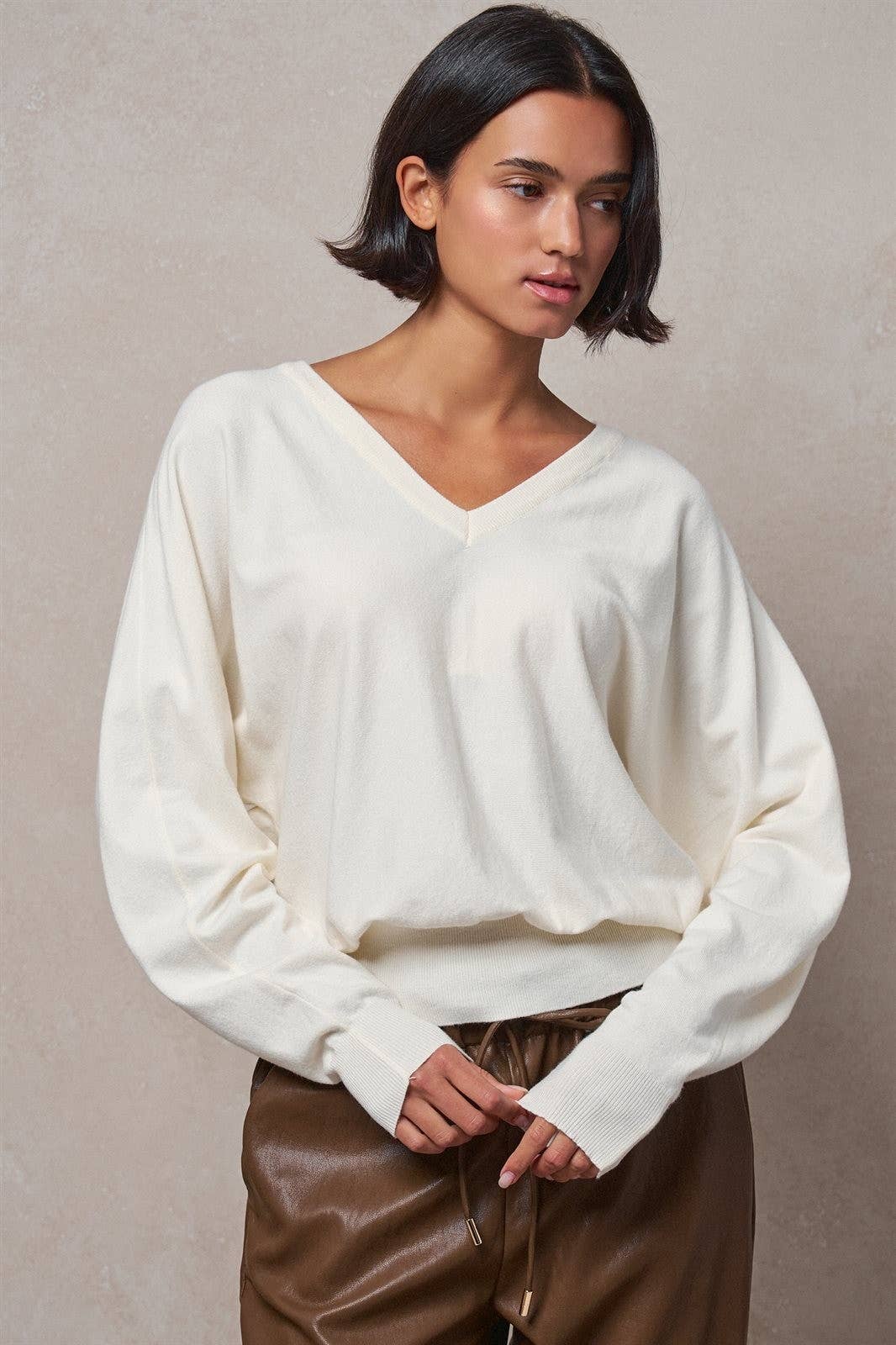 V-Neck Drop Shoulder Sweater by Fashion Week| Ivory