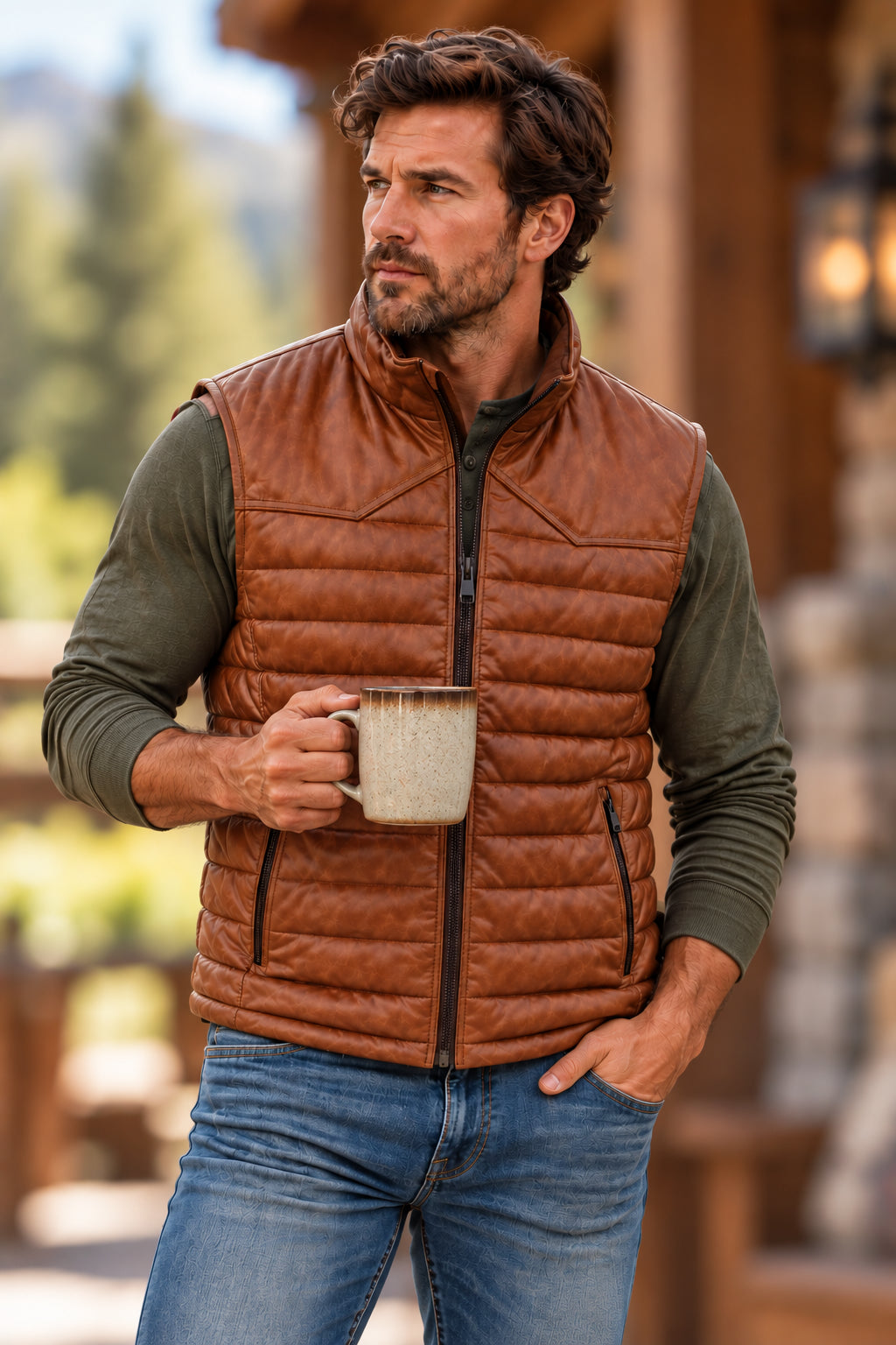 Modern Zip Front Leather Vest in Cognac Soft Lamb, three-quarter view