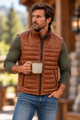 Modern Zip Front Leather Vest in Cognac Soft Lamb, three-quarter view
