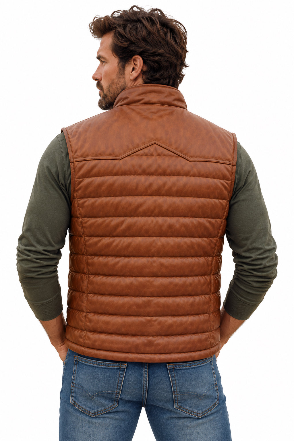 Modern Zip Front Leather Vest in Cognac Soft Lamb, back