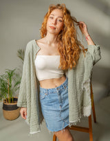 Muslin Kimono Robe with Golden Moon Phases by Moa | Green - Zen&Zip