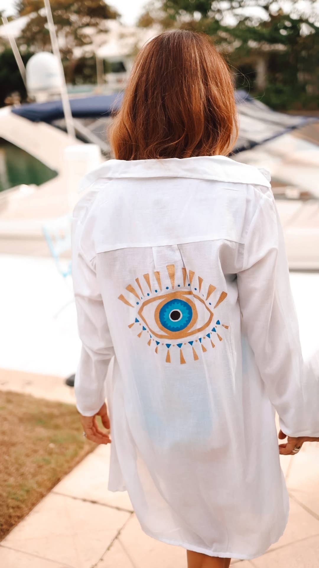 Shirt Dress with Hand Painted Evil Eye by Moa | White - Zen&Zip
