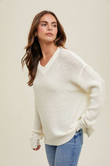 Raw Edge Detail V-Neck Sweater by Wishlist Apparel | Off White - Zen&Zip