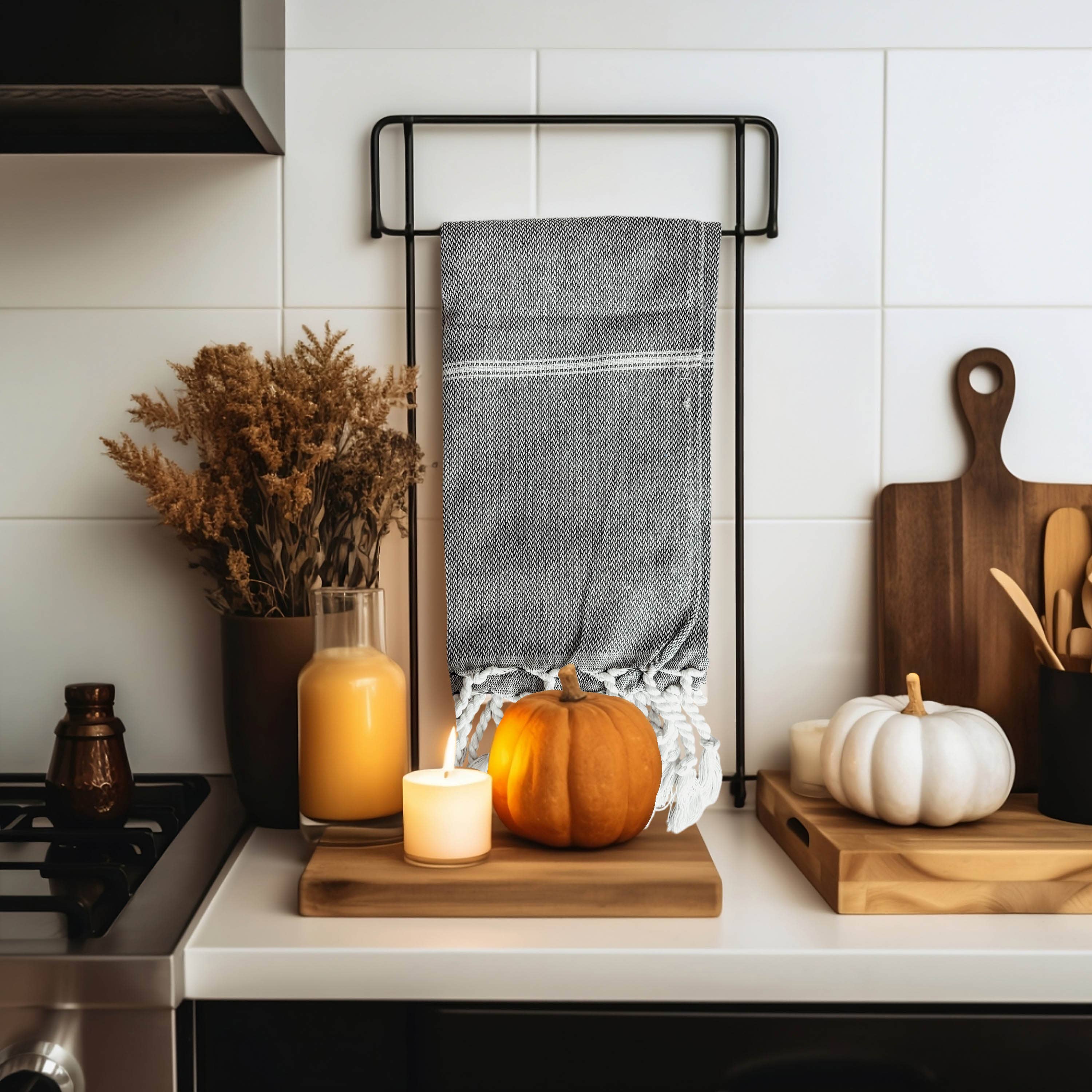 Fall Kitchen Hand Towels, Orange Cotton Dish Towels Tassels - Zen&Zip