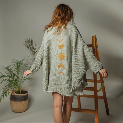 Muslin Kimono Robe with Golden Moon Phases by Moa | Green