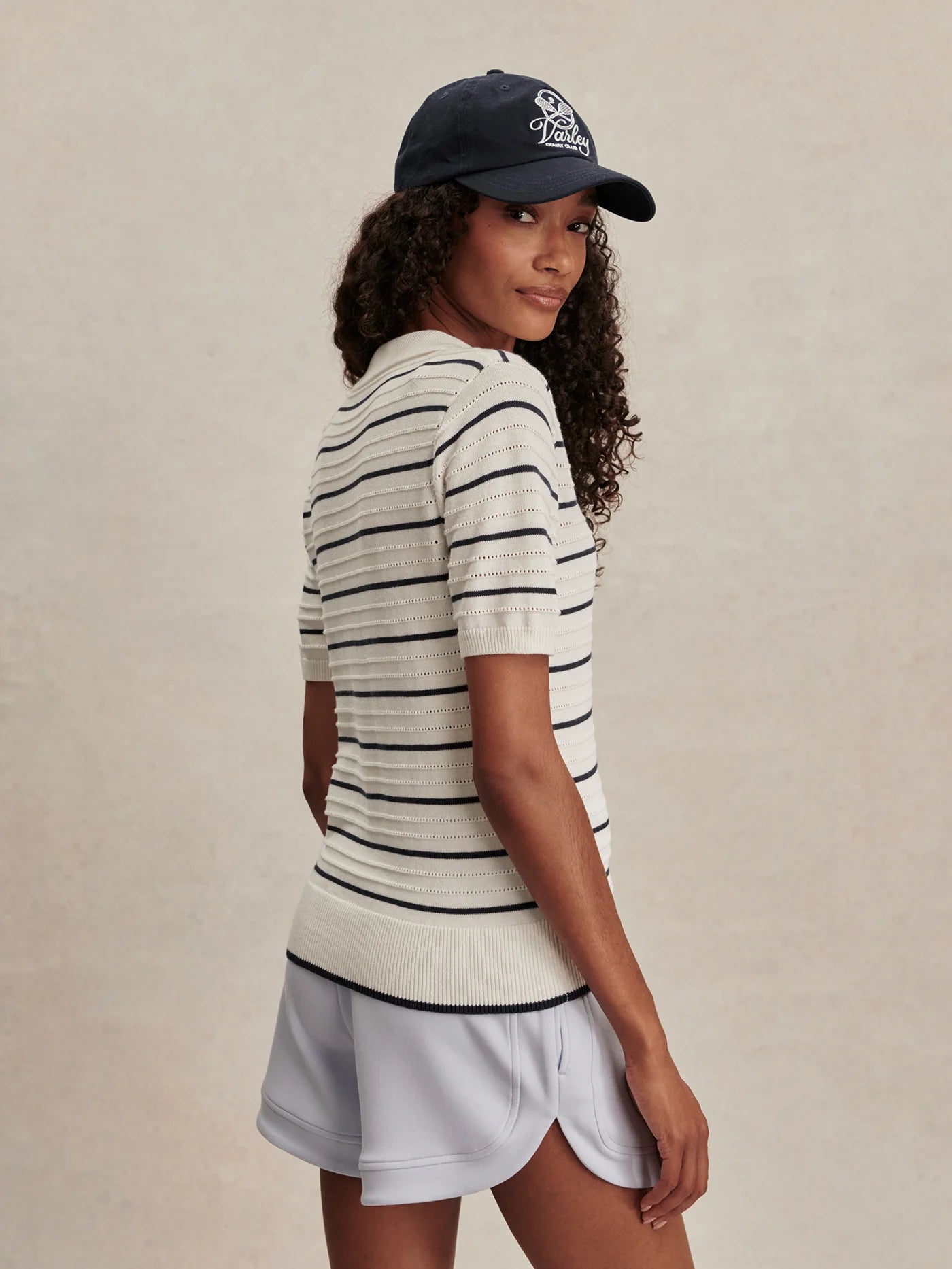 Wren Knit Polo by Varley | White/Blue Nights