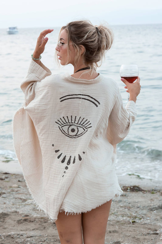 Evil Eye Muslin Kimono Robe / Poncho by Moa | White - Zen&Zip