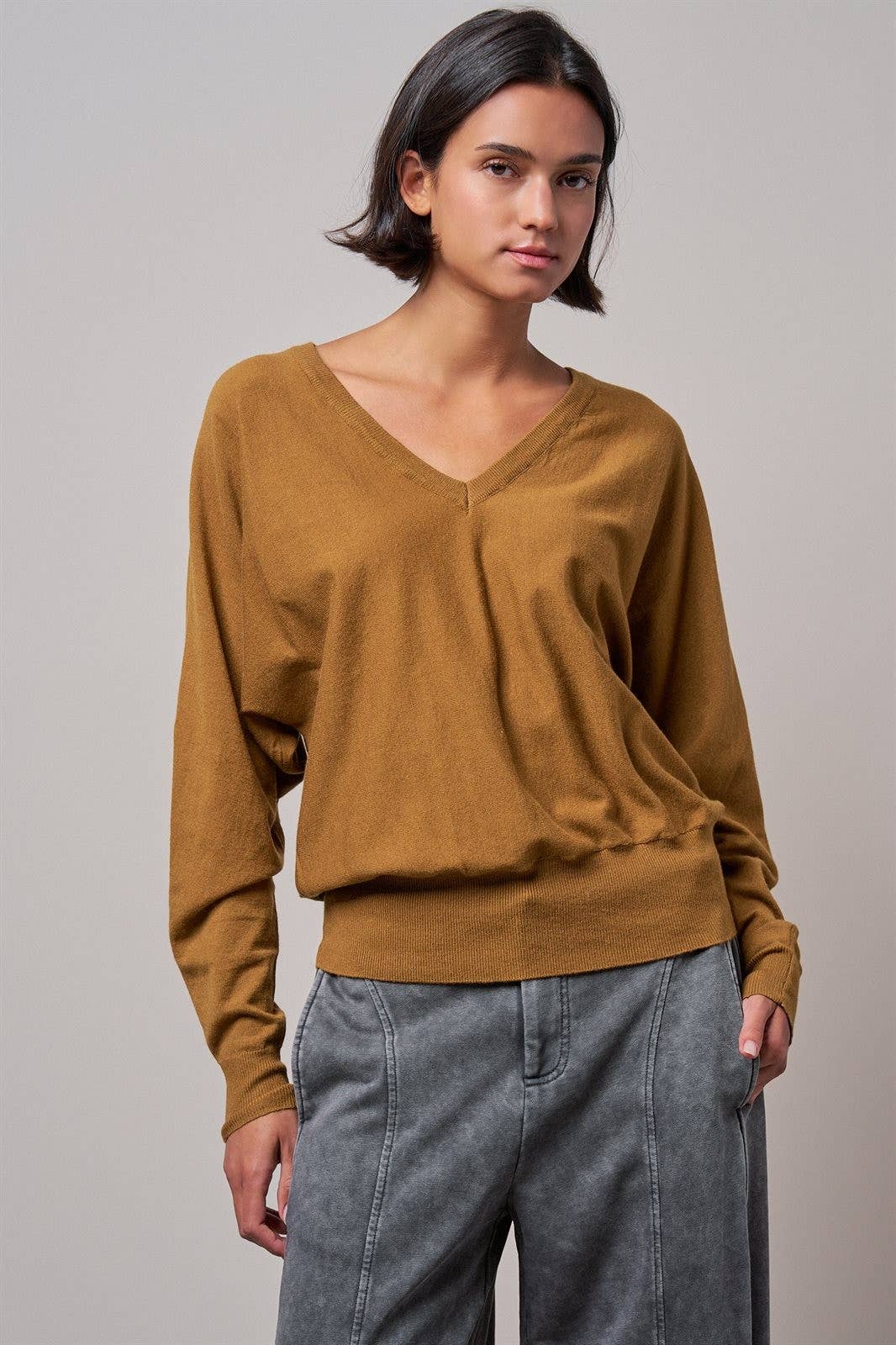 V-Neck Drop Shoulder Sweater by Fashion Week | Caramel