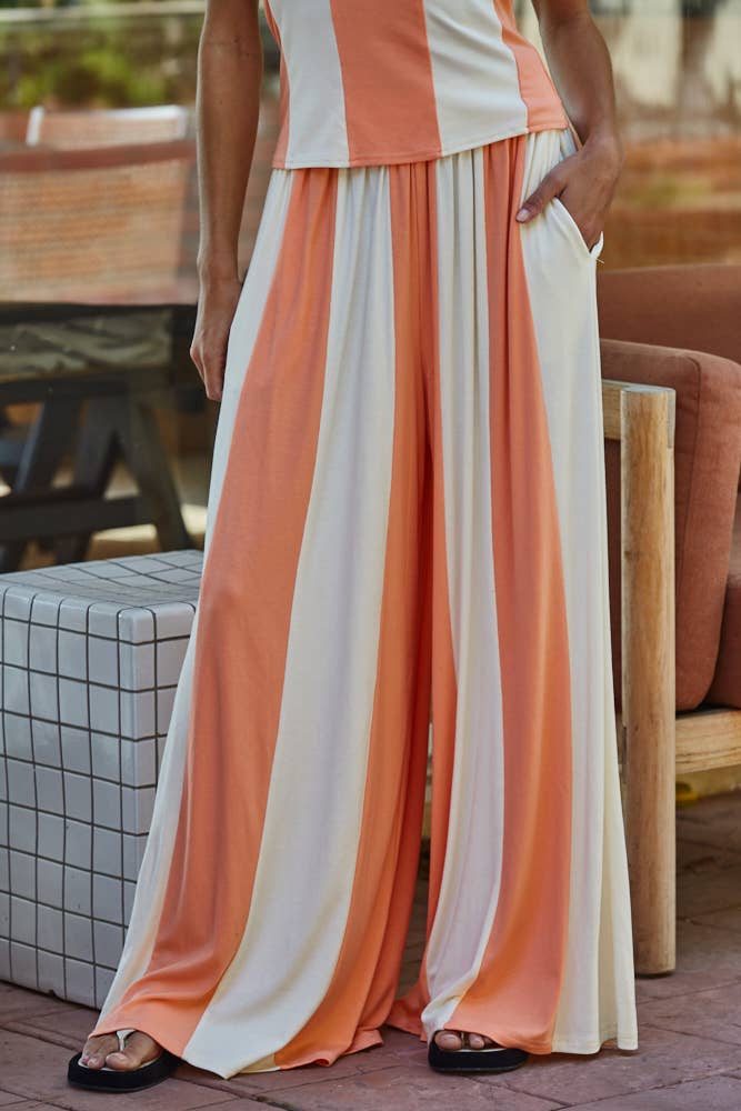 Knit Striped Wide Leg Pants by By Together | Neon Salmon Cream - Zen&Zip