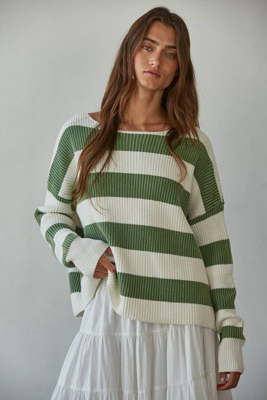 Knit Striped Cotton Boat Neck Long Sleeve Sweater by By Together | Green and White - Zen&Zip