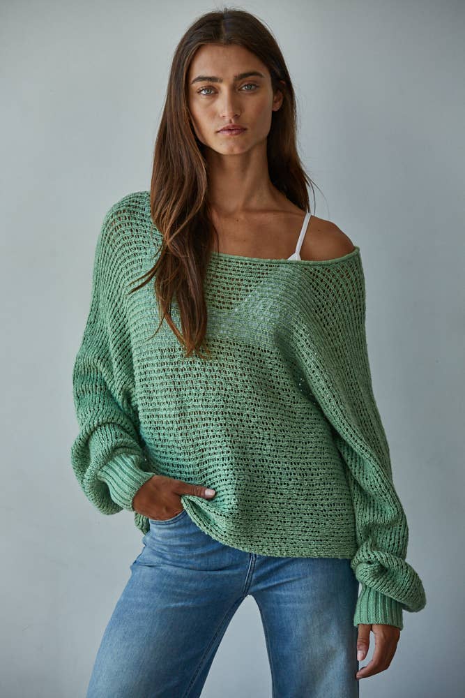 Crochet Round Neck Long Sleeve Sweater by By Together | Jade Green - Zen&Zip