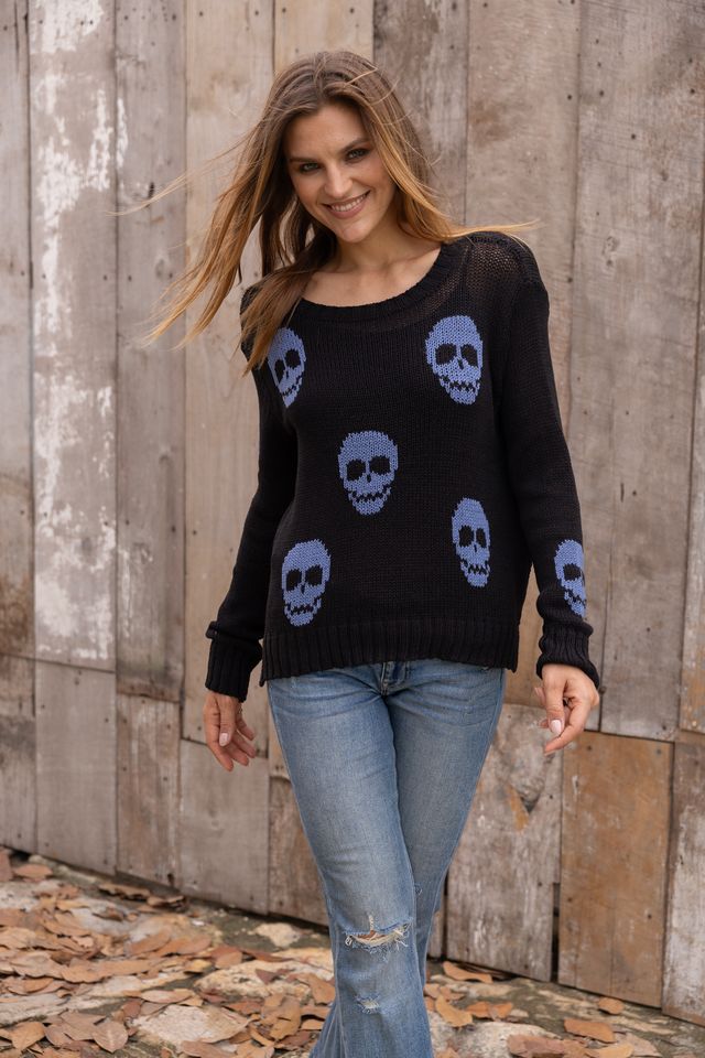 Multiple Skulls Cotton Crew by Wooden Ships | Black/Denim Heather