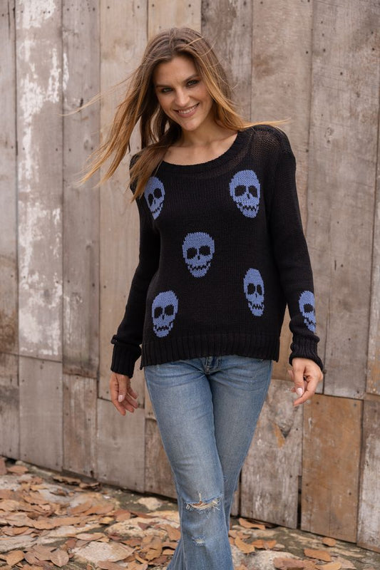 Multiple Skulls Cotton Crew by Wooden Ships | Black/Denim Heather