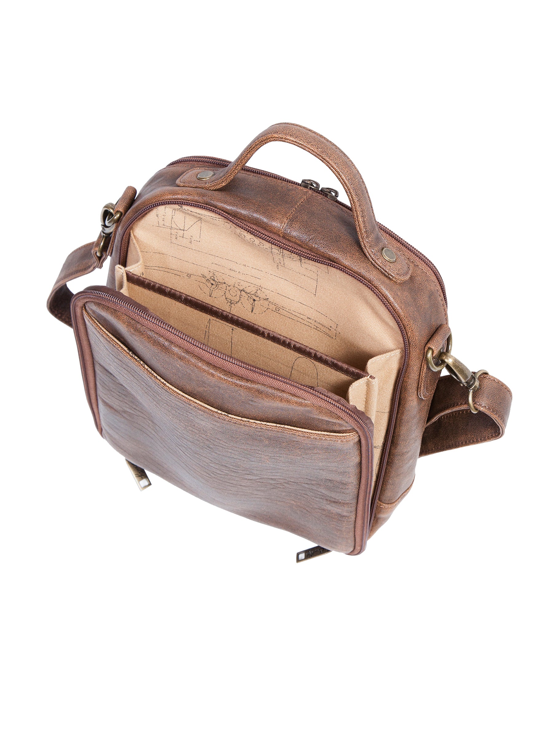Leather Travel Tote, open front showing the interior organizer