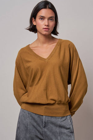 V-Neck Drop Shoulder Sweater by Urban Daizy | Caramel
