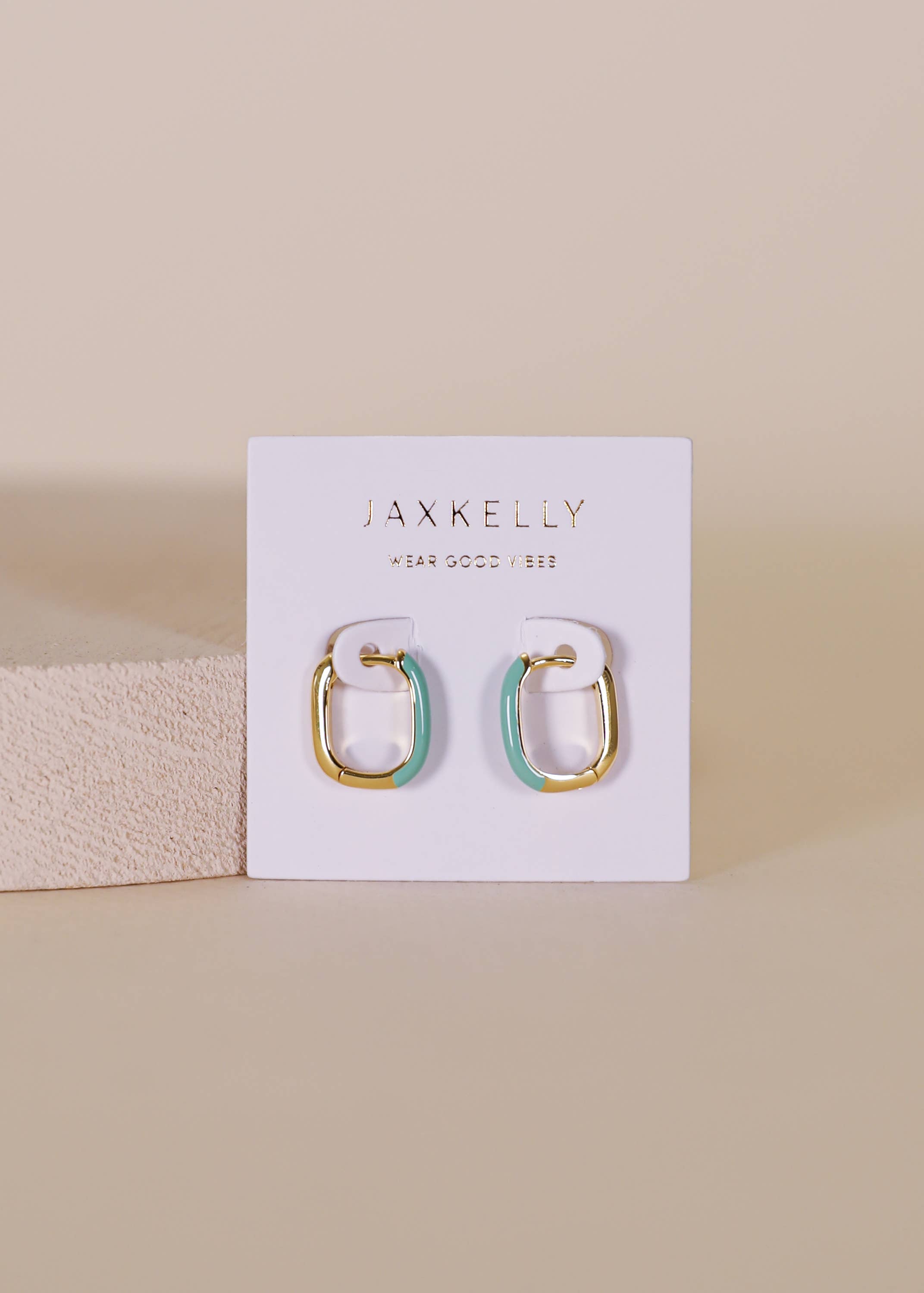 Color Dipped Rectangle Hoop Earrings - Sea Green Enamel