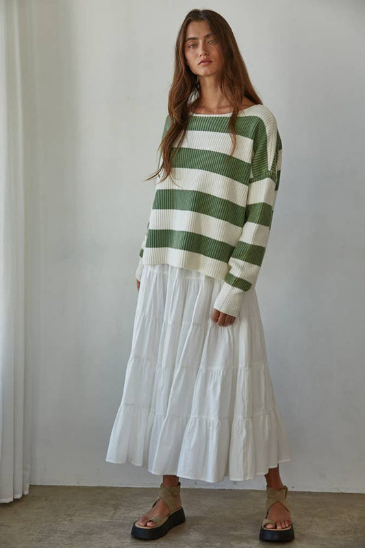 Knit Striped Cotton Boat Neck Long Sleeve Sweater by By Together | Green and White - Zen&Zip