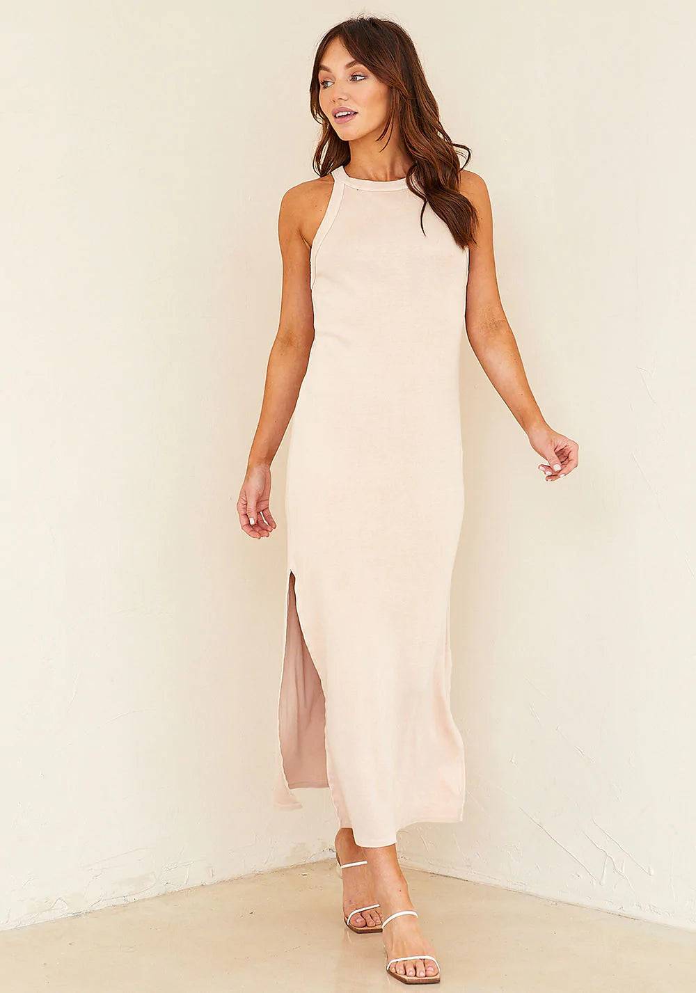 Fitted Halter Midi Dress by Bella Dahl | Khaki Stone - Khaki Stone L Fitted Halter Midi Dress by Bella Dahl | Khaki Stone - Khaki Stone L