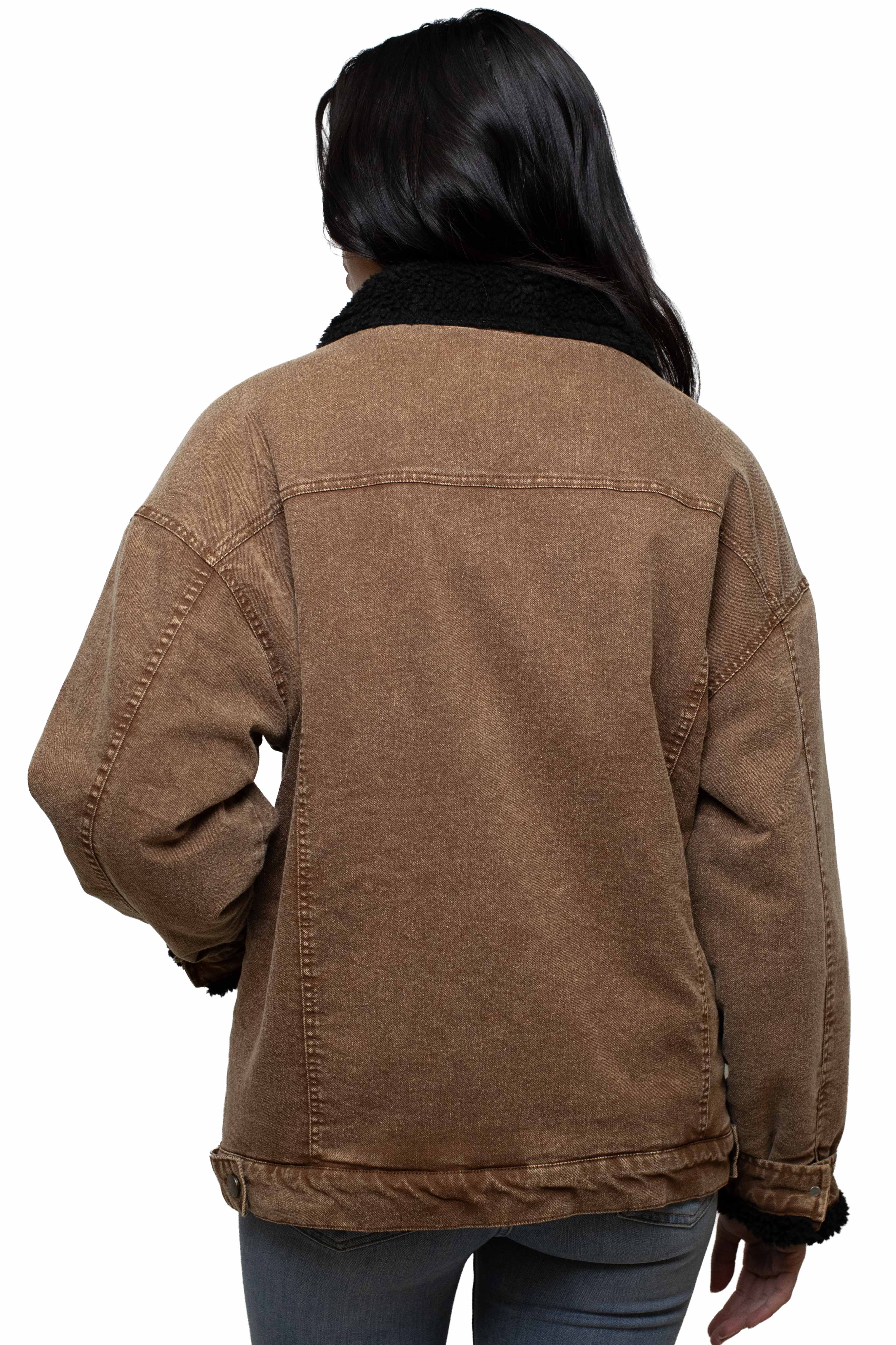 Sherpa Lined Trucker Jacket in Caramel, back