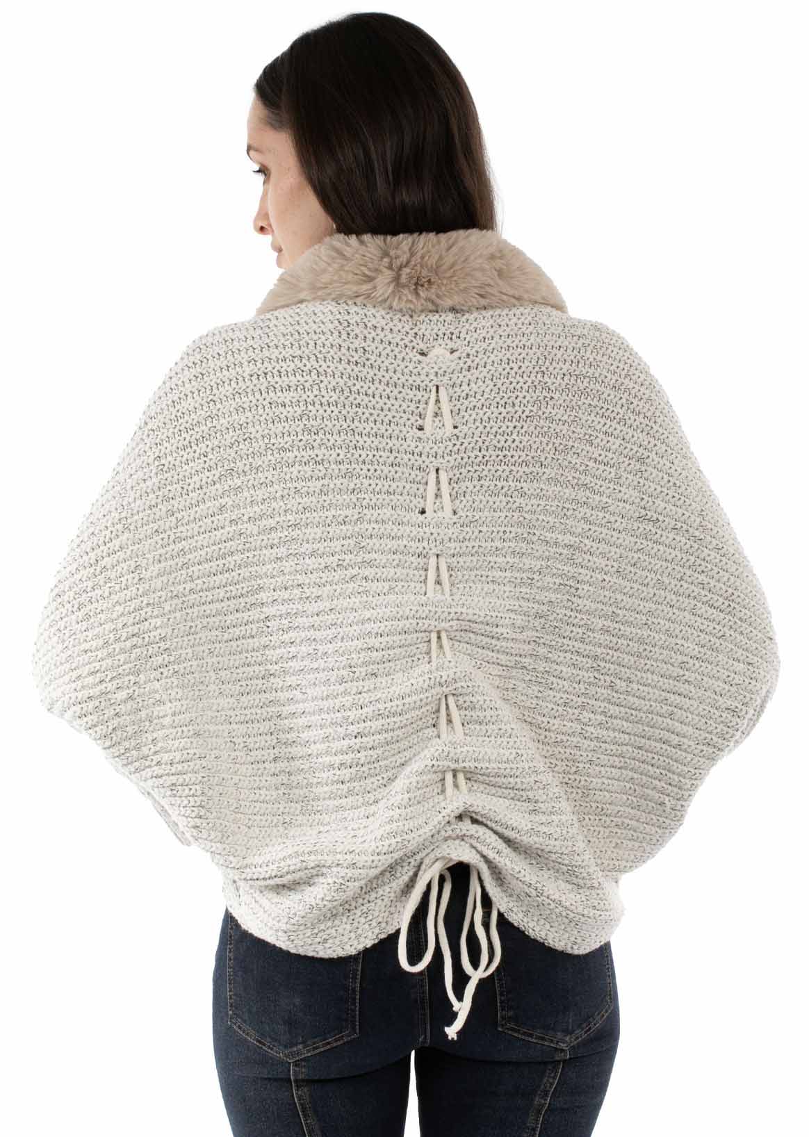Lace Up Back Cardigan in Ivory, three-quarter back view