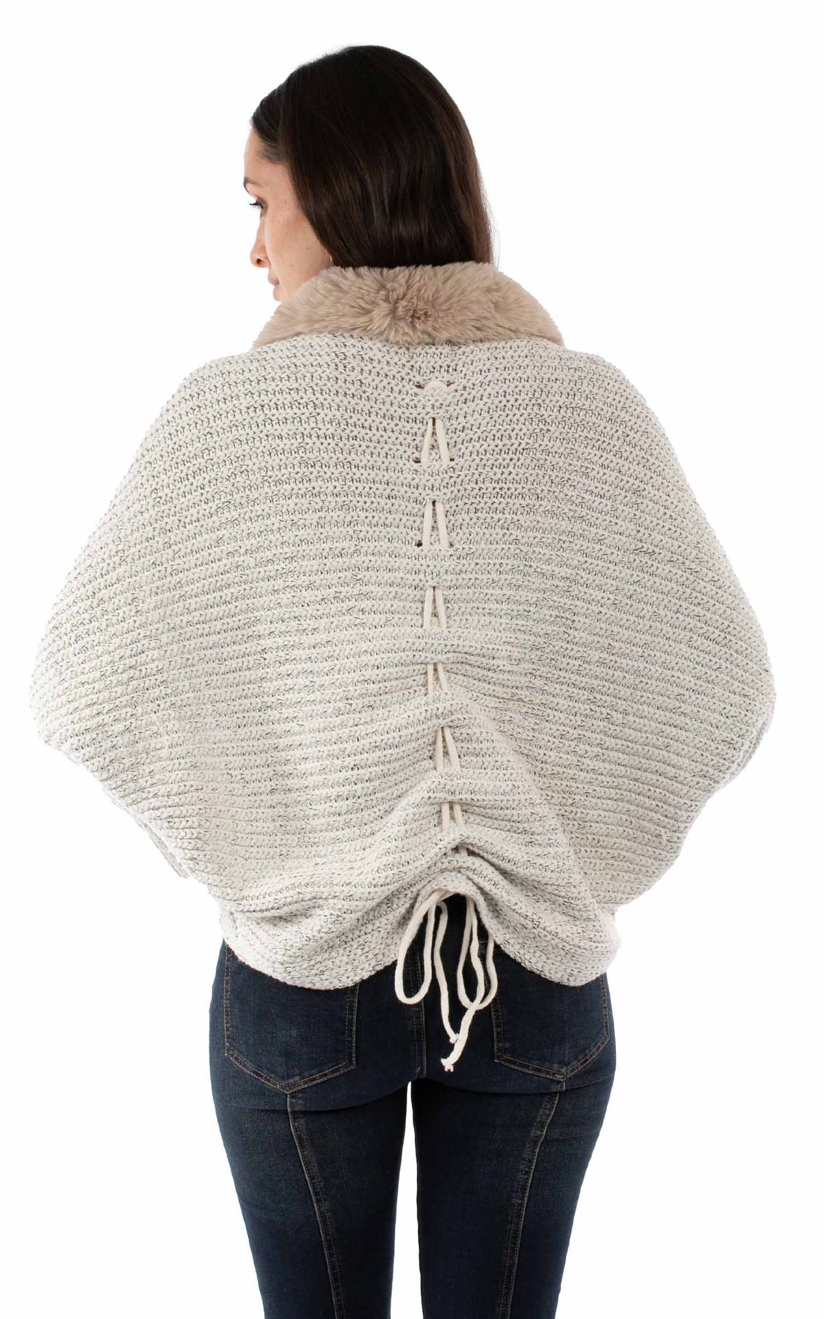 Lace Up Back Cardigan Faux Fur Trim by Scully Leather | Ivory