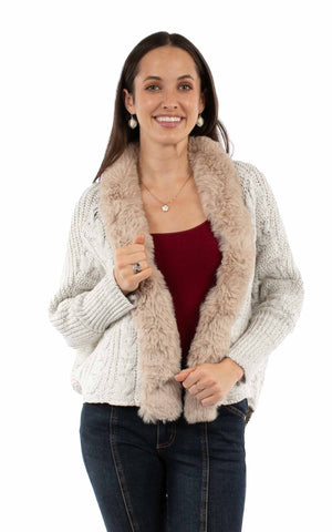 Lace Up Back Cardigan Faux Fur Trim by Scully Leather | Ivory