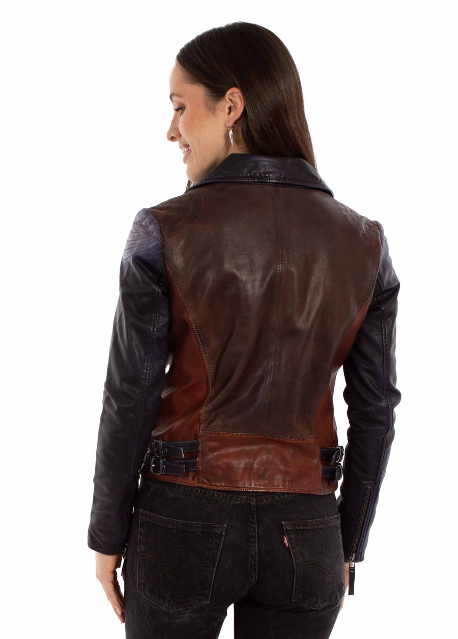 Lambskin Colorblock Moto Jacket in Vintage Brown, back