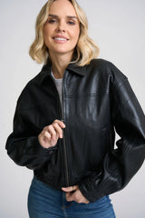 Marcia OS Relaxed Leather Jacket by Mauritius | Black