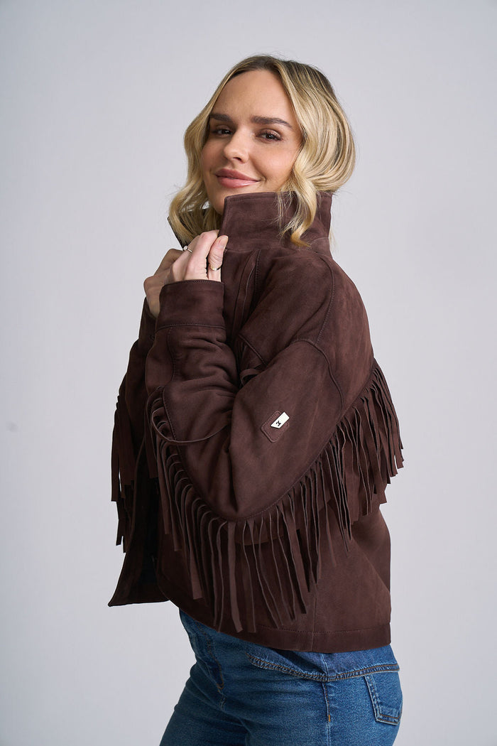 Melissa OS Suede Fringe Shirt Jacket by Mauritius | Red Brown