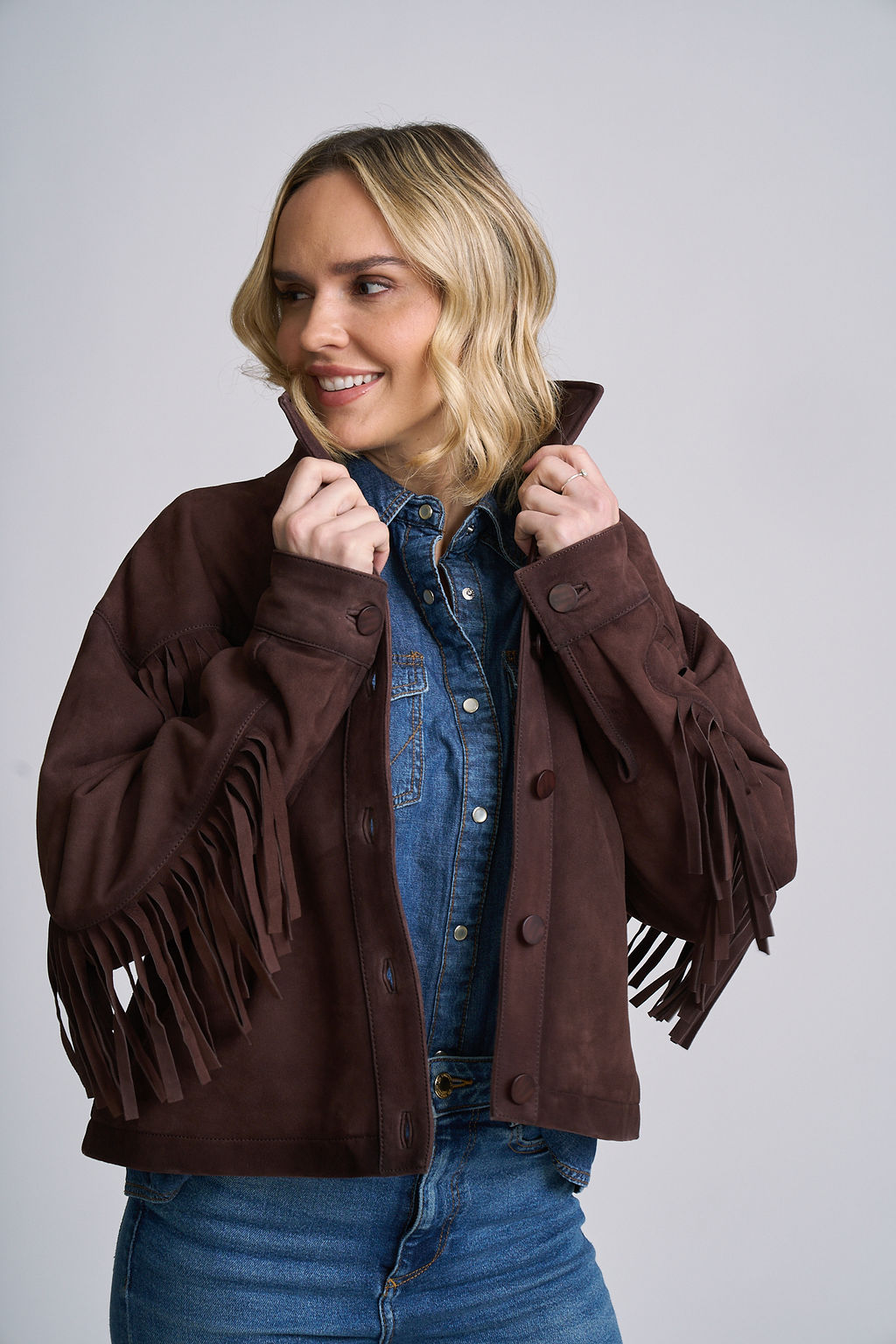 Melissa OS Suede Fringe Shirt Jacket by Mauritius, front view
