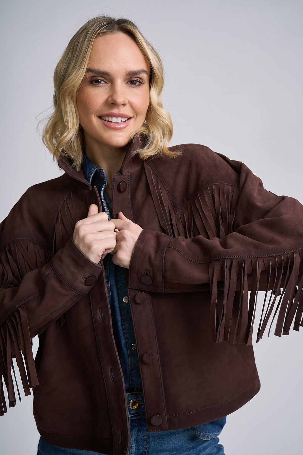 Melissa OS suede jacket fringe sleeve detail