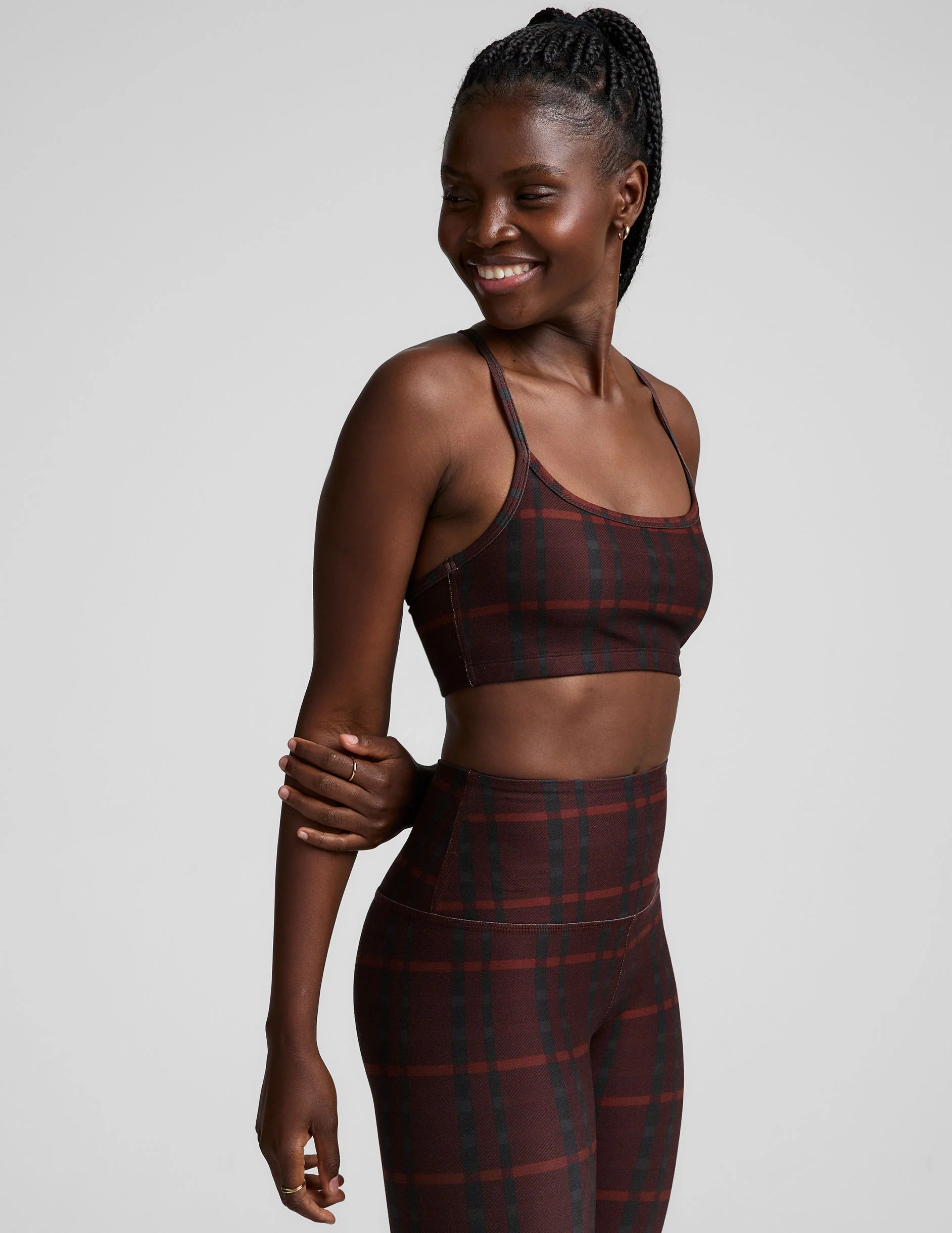 Softmark Slim Racerback Bra by Beyond Yoga | Dark Cherry Preppy Plaid
