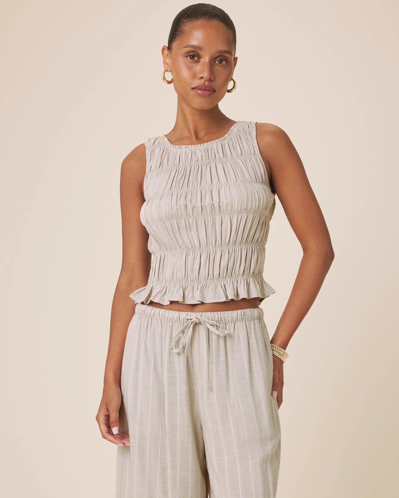 Bianca Smocked Tank by Splendid | Light Fawn/White