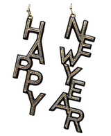 Happy New Year Glitter Earrings Black