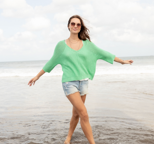 Kaya 3/4 Sleeve V Cotton Sweater by Wooden Ships | Verdigris - Zen&Zip