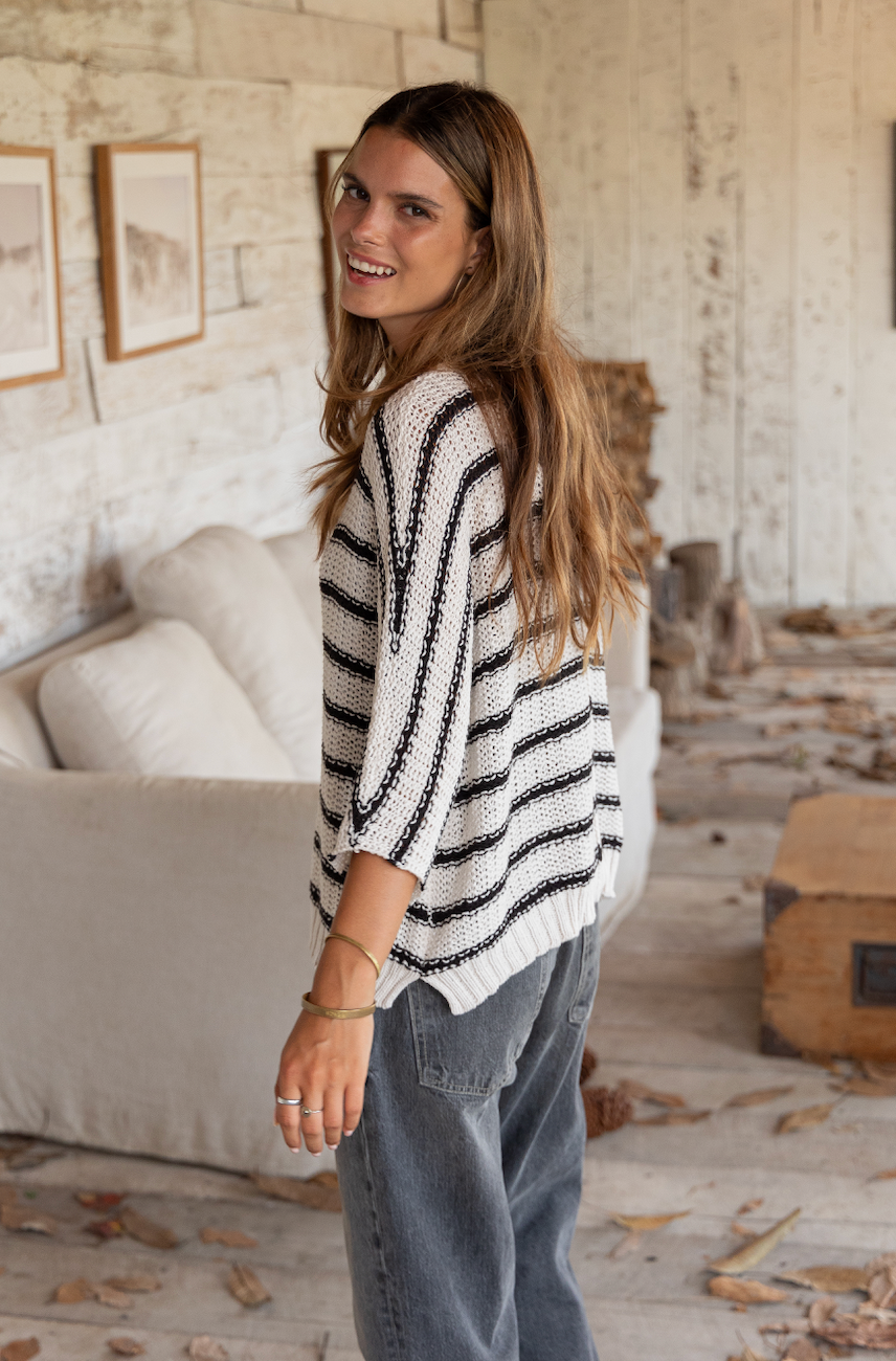 Kaya Striped 3/4 Sleeve V Cotton by Wooden Ships | Almond Butter/Black