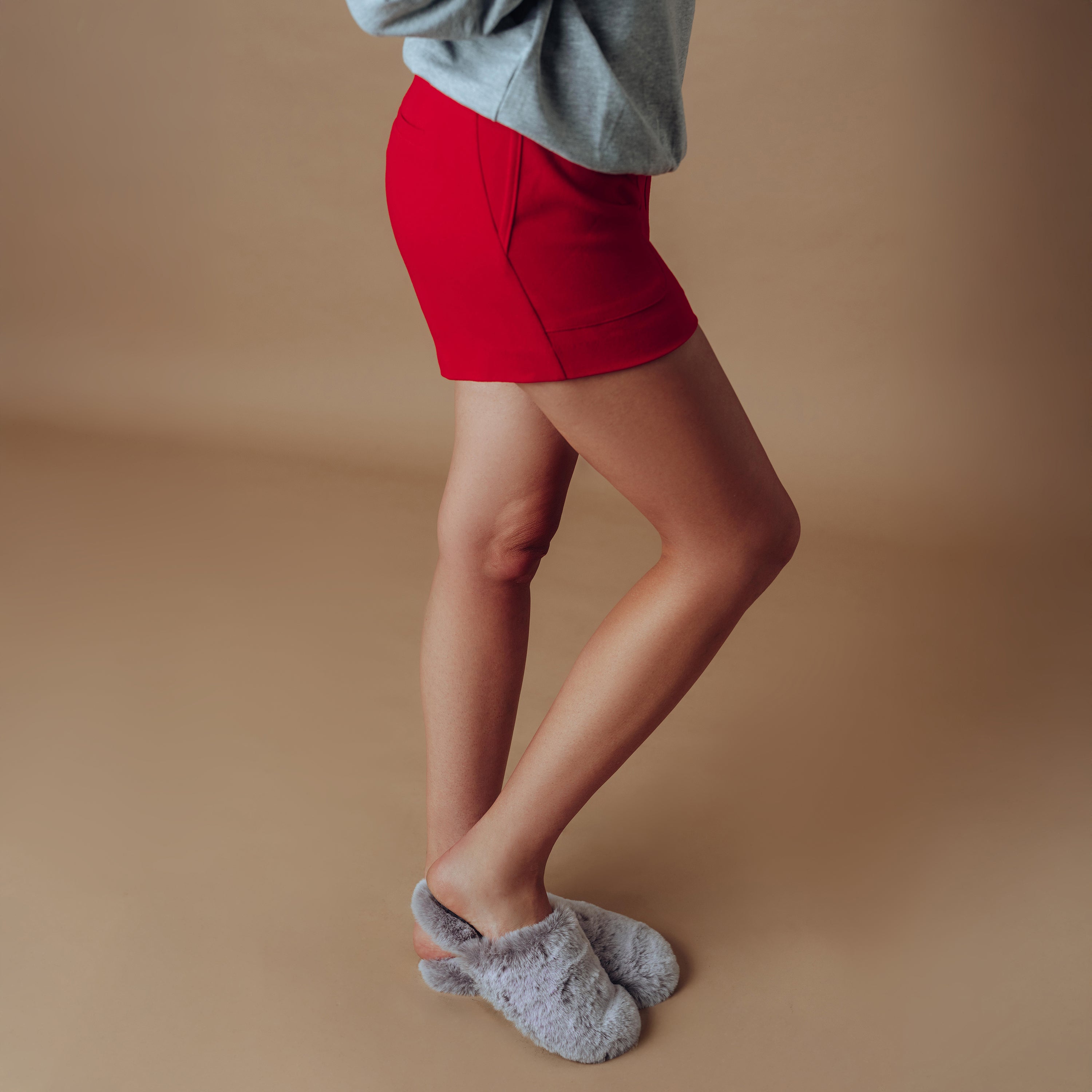 Wrigley Fur Slipper in Dusk, worn with lounge shorts