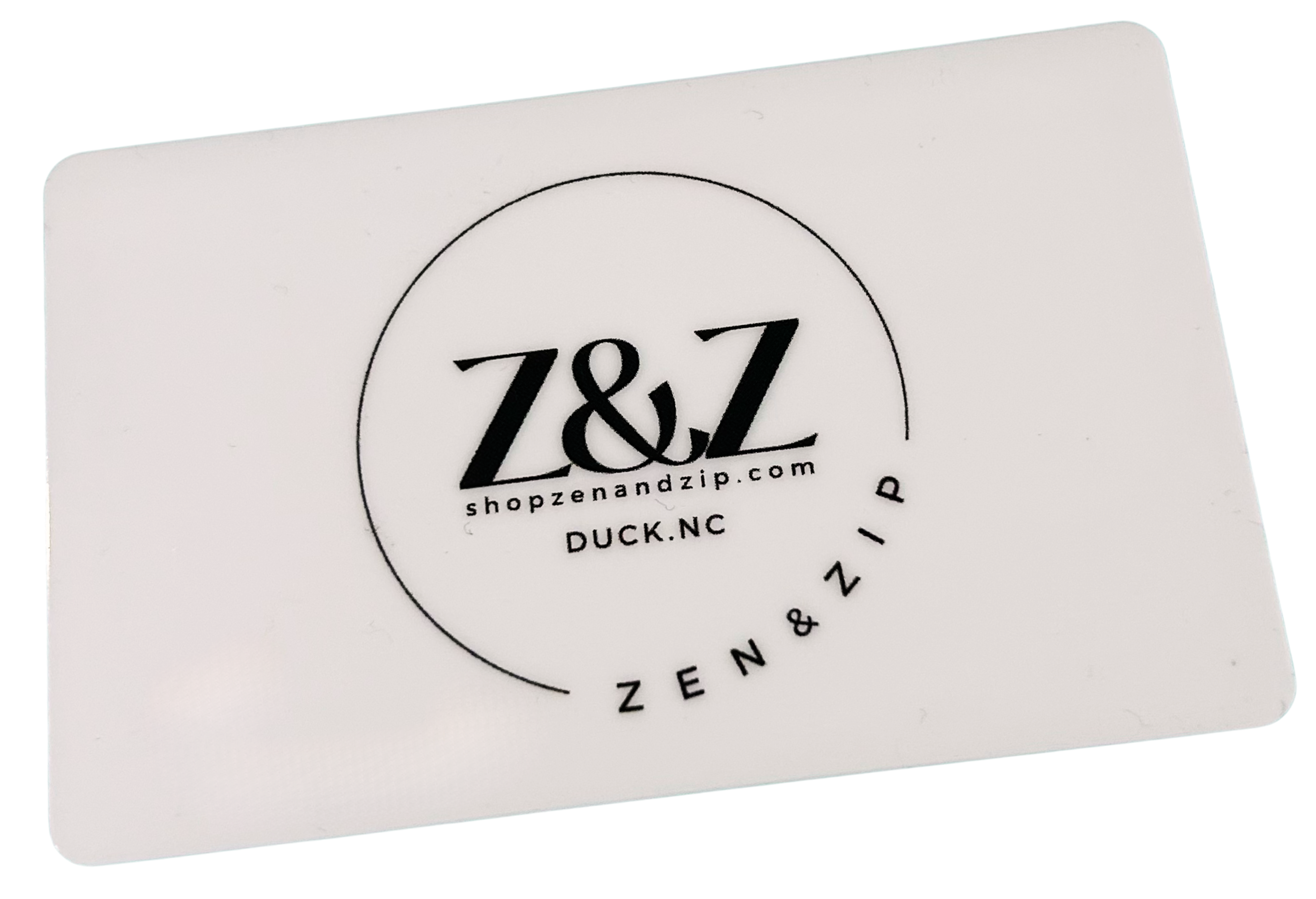 Rectangular white card with Z&Z logo and text on a white background