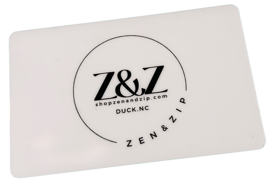 Rectangular white card with Z&Z logo and text on a white background